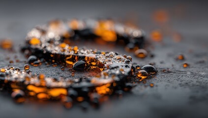 Abstract, amber, liquid, droplets, swirling, pattern, on dark surface