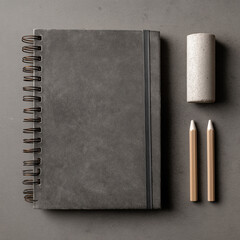 Minimalist stationery set with a gray spiral-bound notebook, chalkboard eraser, and two short wooden chalk sticks arranged neatly on a smooth gray surface.