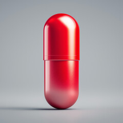 Single glossy red capsule pill standing upright on a smooth light gray background, symbolizing medicine, healthcare, and pharmaceutical treatment.