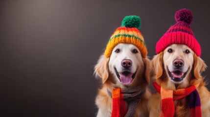 Happy dogs wearing colorful hats and scarves in a studio setting during winter