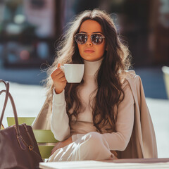 Stylish woman with long wavy hair wearing sunglasses and a chic beige outfit, sitting at an outdoor café table, enjoying a cup of coffee in the sunlight.