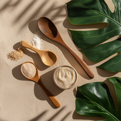 Top view of natural body care ingredients on sandy textured background, featuring wooden spoons with powders, a bowl of cream, and large tropical green leaves in soft sunlight.