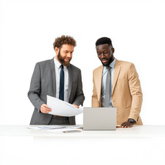 Two diverse business professionals standing at a desk, reviewing documents and discussing project details while using a laptop, in a bright modern office setting with a white background.