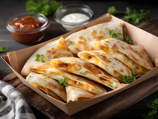 sliced cheese quesadillas in a paper food box