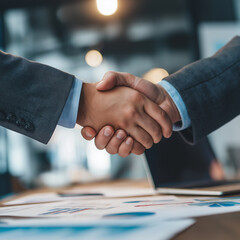 Close-up of two business professionals shaking hands in a modern office setting, symbolizing agreement, partnership, or successful negotiation, with business documents visible on the desk.
