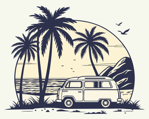 Vintage Camper Van Parked by a Tropical Beach with Palm Trees, Sunset Sky, and Relaxing Surfer in Retro Vector Style