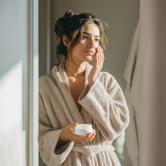 Beautiful young woman in a soft beige bathrobe applying moisturizing cream to her face, enjoying a peaceful morning skincare routine in natural sunlight at home.