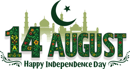 Pakistan Independence Day Vector – Ornamental “14 August” Typography with Historic Landmark Silhouettes and Crescent Star