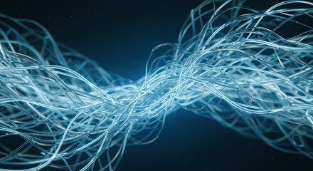 Abstract closeup of illuminated blue wavy strands against a dark background