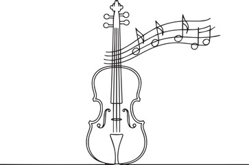 Fototapeta premium Continuous one line drawing of a violin with musical notes flowing out, symbolizing music, creativity, and artistic expression