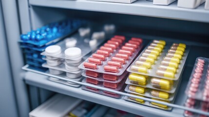 Neatly arranged medicine box and capsules on a pharmacy shelf, emphasizing cleanliness.