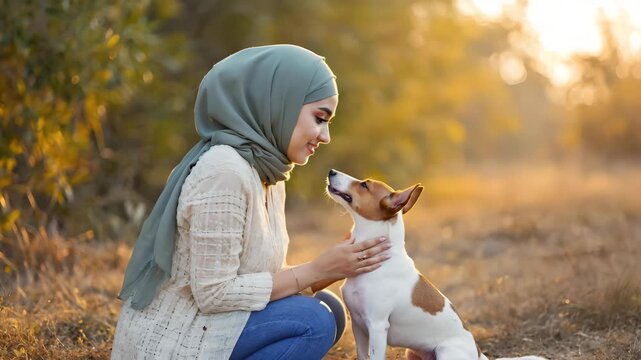 Warm moment of Muslim woman in hijab smiling at her curious dog in golden autumn sunlight, emotional connection in nature, ideal for lifestyle and diversity video content