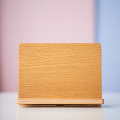 Naklejka premium Wooden Stand with Textured Grain for Photo Display or Signage against a Soft Pastel Background ideal for product mockups