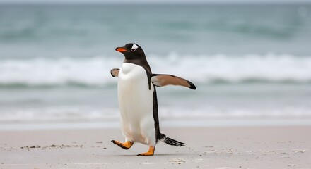 white belly, orange feet. King Penguin Aptenodytes patagonicus Chicks in Creche in the rain.a Gentoo penguin standing on a sandy beach, wings outstretched and one leg raised. penguin has a black head,