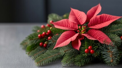 Festive holiday centerpiece featuring red poinsettia and greenery arrangement