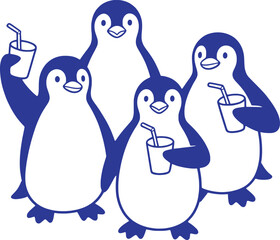Fototapeta premium Four happy penguins holding drinks with straws animal bird