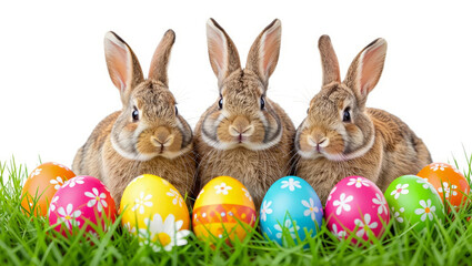 Obraz premium Three adorable bunnies with colorful decorated Easter eggs nestled in lush green grass, perfect for spring celebrations and festive designs.