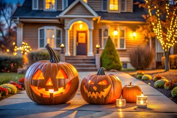 Halloween pumpkins with glowing jackolantern faces at house