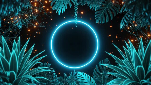 A vibrant glowing blue circle framed by lush tropical foliage and intricate geometric patterns in a dark background creating a mystical atmosphere ideal for digital art and design projects