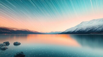 Fototapeta premium Star trails illuminate serene lake with snow-capped mountains at dawn