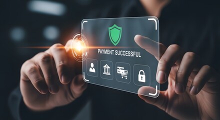 Person interacting with futuristic holographic security interface displaying shield icon