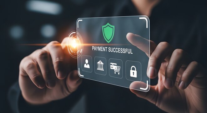 Person interacting with futuristic holographic security interface displaying shield icon