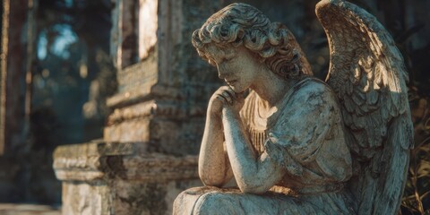 Obraz premium Pensive Angel Statue in Ruins of an Old Church