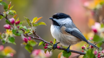 Close-up macro shot of a charming chickadee perched delicately on a blossoming branch in a vibrant spring forest