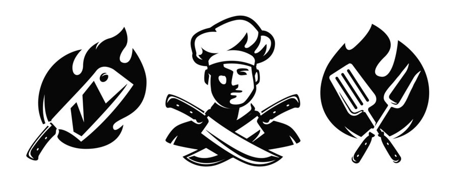 Grill food, barbecue, kebab symbol. Street fast food emblem. Signs for a restaurant or butcher shop menu