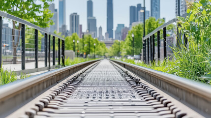 Fototapeta premium Monorail train track stretching towards a vibrant city skyline in the background with copy space for text inclusion
