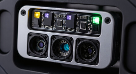 Obraz premium Close-up of a technological device featuring lenses, circuit boards, and illuminated indicators.