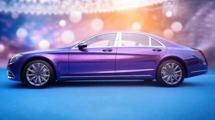 Luxury purple sedan parked against a colorful backdrop at an event