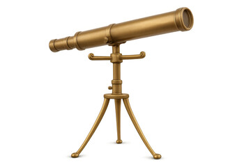 Golden telescope standing on a tripod, isolated on transparent background, ready for astronomical observation