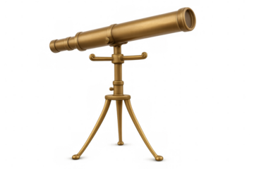 Golden telescope standing on a tripod, isolated on transparent background, ready for astronomical observation