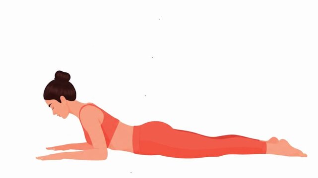 Looping 2D animation of a woman in Cobra Pose. Coral yoga set, clean vector style, gentle torso movement. Minimalist, calming loop on a pure white background. Ideal for fitness content.

