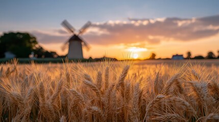 A rural scene including an ancient windmill amidst a wheat field and a clear sky. Generative Ai