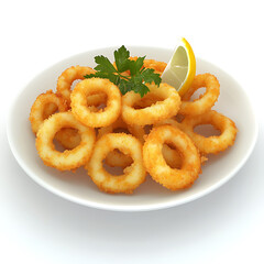 Crispy Fried Calamari Rings Served in a Bowl with Lemon and Parsley
