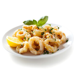 Fried calamari served on a white plate with lemon wedge and garnished with parsley