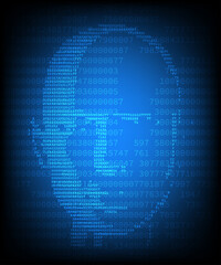 Circuit human with binary code on blue background. Artificial intelligence high-tech in digital computer technology concept. 3d illustration.