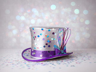 Colorful party hat with confetti sparkles on a light background