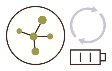 Molecular structure, recycling arrows, and battery icon represent sustainability, renewable energy, clean technology, eco-innovation, green concepts, environmental responsibility, and energy