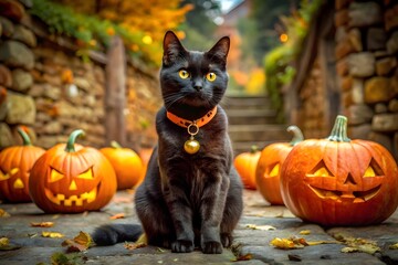 A black cat sits among pumpkins on a stone path