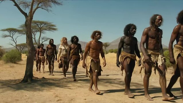 Tribe walking africa african savanna outdoors ancestors people landscape nature travel hot sun 10000 bc 4k video
