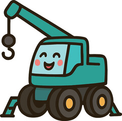 Smiling Cartoon Crane Truck Vector – Friendly Construction Vehicle with Hook Arm and Happy Face for Kids’ Educational Projects and STEM Merchandise