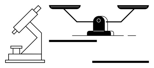 Microscope and balance scale next to each other, symbolizing scientific research, analysis, accuracy, and logic. Ideal for education, laboratory, experimentation, discovery precision minimal flat