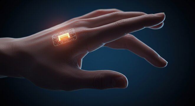 Luminous bio-integrated microchip glowing on a human hand, symbolizing future technology and human augmentation.