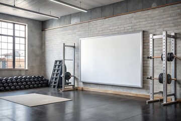 Modern gym interior with weight racks and large white board