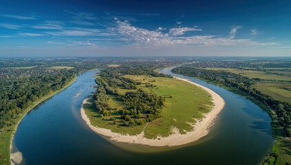 River bend, aerial view, green island, blue water, sunny day