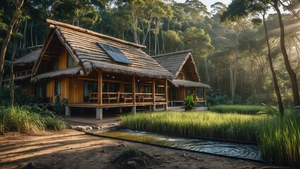 Eco-friendly wooden house surrounded by lush greenery and rice fields in the morning light