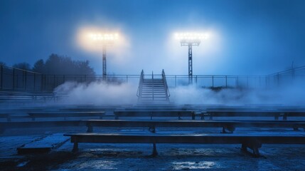 Eerie Stadium Lights: Fog-Shrouded Benches and Bleachers in Blue Haze